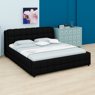 Lit plateforme tapissier d'inspiration Mid-Century avec pieds en bois