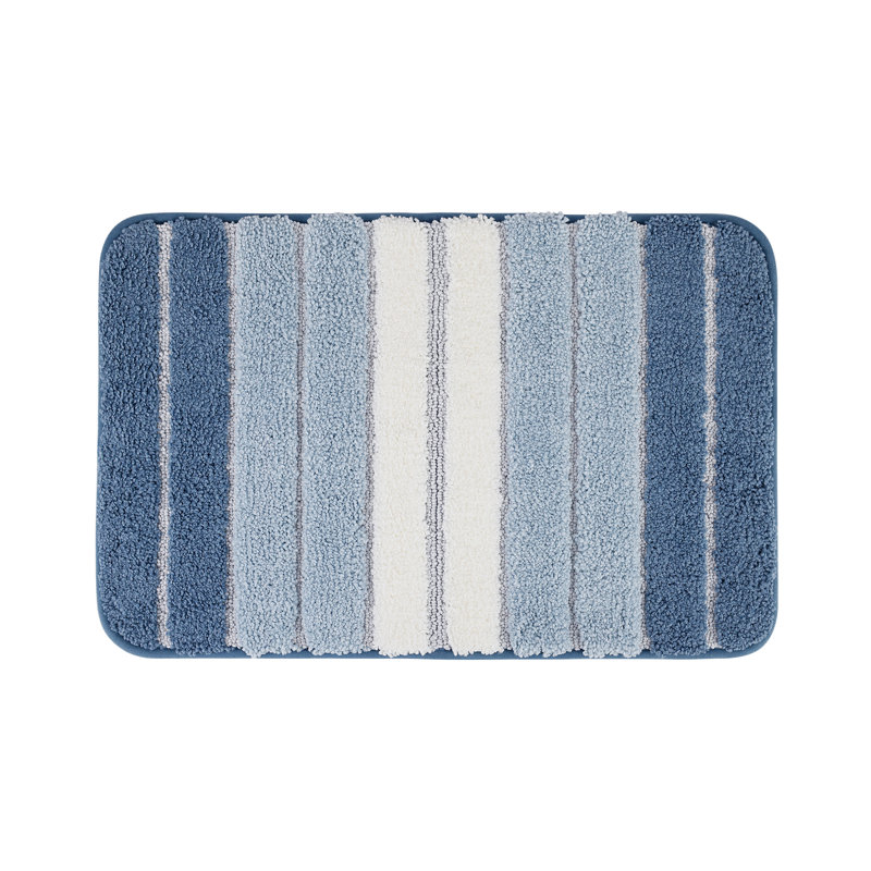15.75 In. X 23.62 In. Flocked Bath Rug Mat, Non Slip, Soft And Highly Absorbent Floor Mats For Bathroom, Blue, Blue Striped