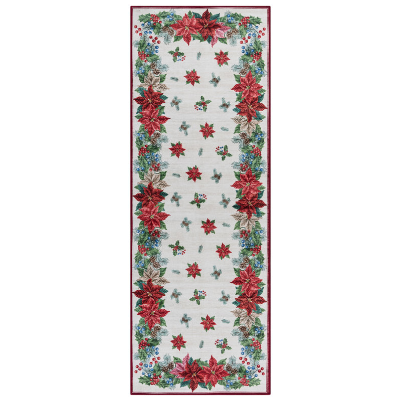  Lilirose Crystal Print Fete Christmas Transitional Floral Poinsettia Polyester Washable Flat Pile Indoor Area Rug
