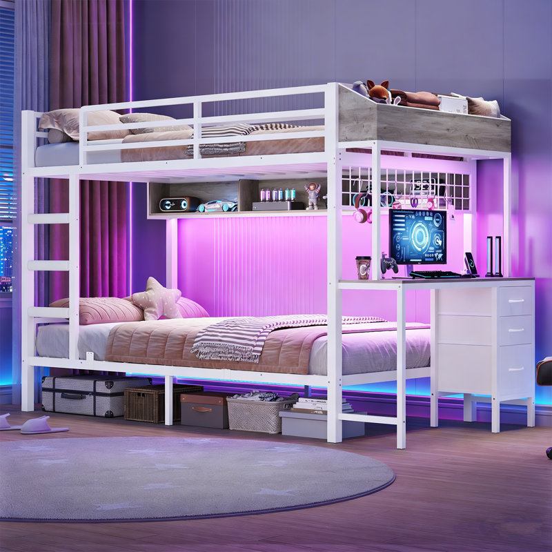 Twin over Twin Size Bunk Bed with Desk and 3 Storage Drawers, LED Loft Bed with Utility Storage Shelf and Boxes White, White