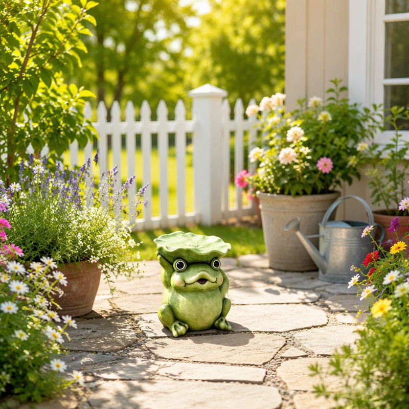 Adorable statuette de grenouille coiffée d'un chapeau en feuille de lotus, figurine décorative animal de dessin animé, sculpture ornementale pour jardin extérieur, porche, pelouse, terrasse, allée.