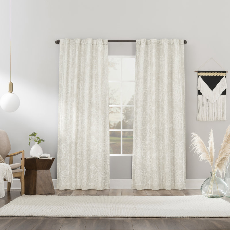 Rideau à motif cachemire 100% Pedra, Blanc perle, L 40 po x L 96 po