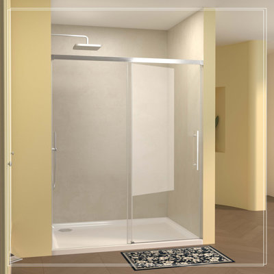 Porte de douche coulissante simple 60 po de largeur x 72 po de hauteur, verre fixe de 5 mm et verre coulissant de 6 mm sans cadre, verre trempé transparent, poignée en acier inoxydable, nickel brossé