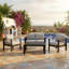 Ensemble de conversation moderne en aluminium 4 pièces pour patio, canapé 4 places avec coussins gris clair épais et structure noire et table basse-368108616-368108618