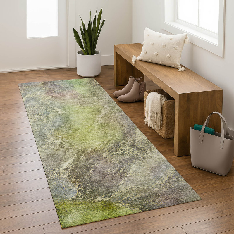 Premium Machine Washable Mayfield AMF2307 Abstract Rug, 2'3" x 7'6" Runner, Green