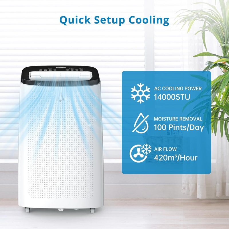 Climatiseur portatif 14 000 BTU - Refroidissement de pièce de 700 pieds carrés, mode veille, 3 vitesses de ventilateur, télécommande pour la maison et le bureau
