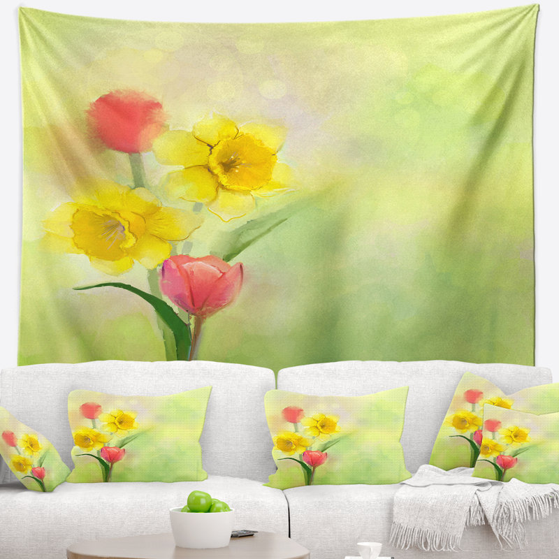 Tulipes et daffodilss de couleur douce et de tapisserie floue, H 68 po x l 80 po