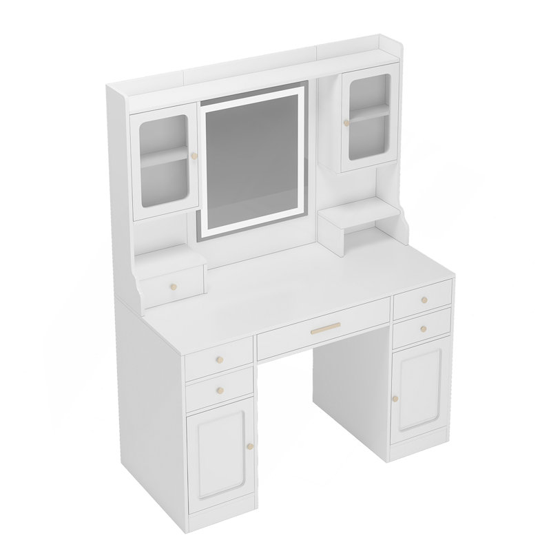 Grande coiffeuse avec miroir, 6 tiroirs et tablettes, bureau de commode