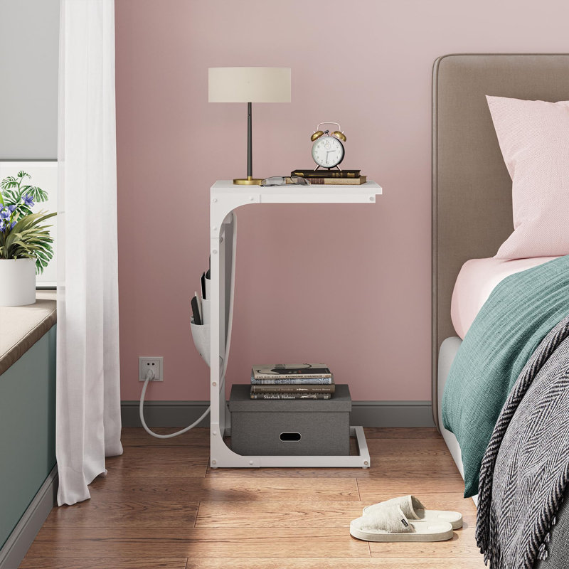 Shaped Side Table With Charging Stations - Versatile White Couch Table For Snacks & Laptops