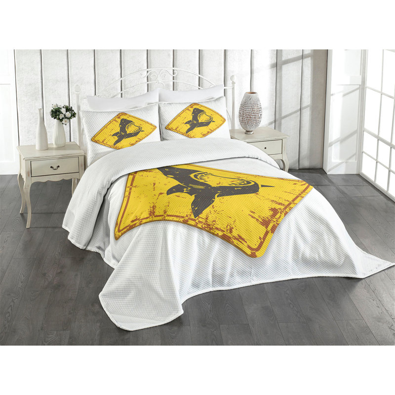 Ambesonne Shark Bedspread Set Caution Sgn Sharp Teeth Earth Yellow Grey, Queen Bedspread + 2 Standard Shams