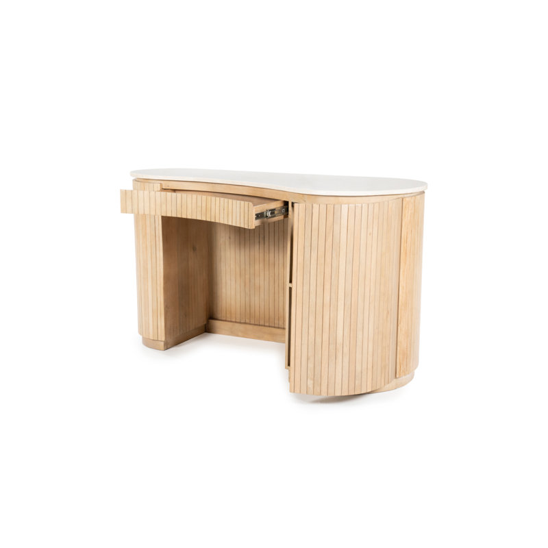 Bureau d'ordinateur incurvé de 51 po avec armoire, Blanc, Naturel