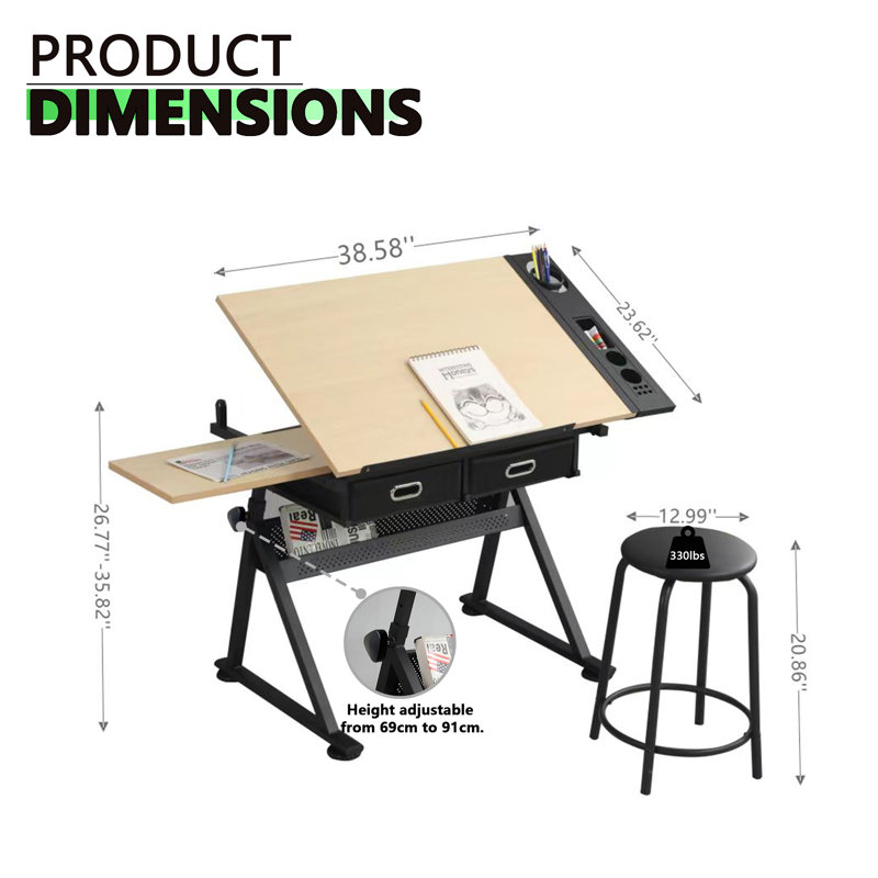 Table de travail avec tabouret, Chêne / noir