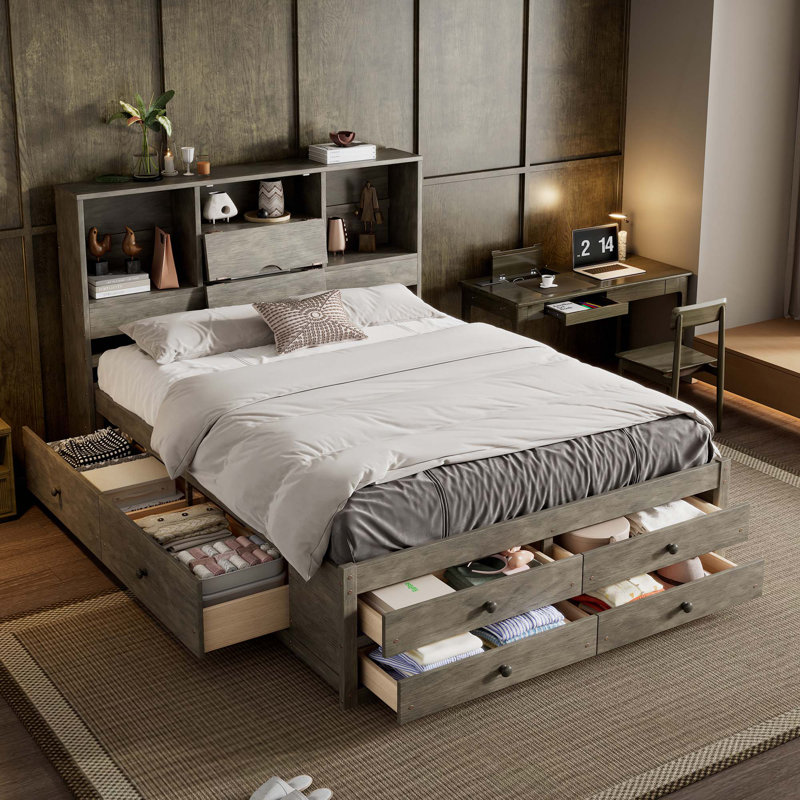 Lit plateforme avec rangement 8 têtes de lit Brackney, Grand, gris