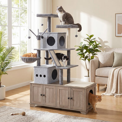 Cat Tree With Double Litter Box Enclosure, All-in-one Modern Cat Condo, Cat Tower With Cat Bed, Hidden Litter Box Enclosure Furniture