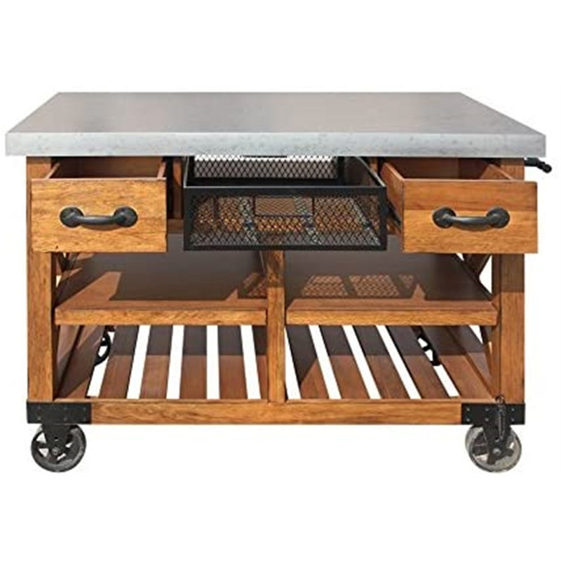 Faiyaz Transitional 3-Drawer Rectangular Kitchen Cart in Antique Oak,Kitchen Island,Coffee Cart