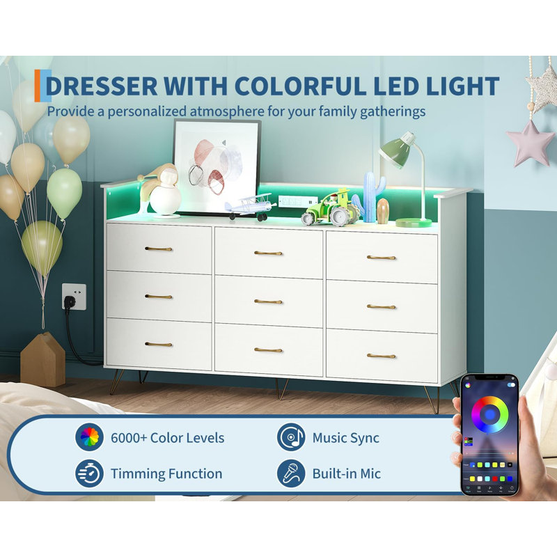 62.8" Modern 9-Drawer Tall Dresser with APP-Controlled RGB Lights & Charging Station (3 Outlets/2 USB), Large Storage Cabinet for Bedroom, Living Room