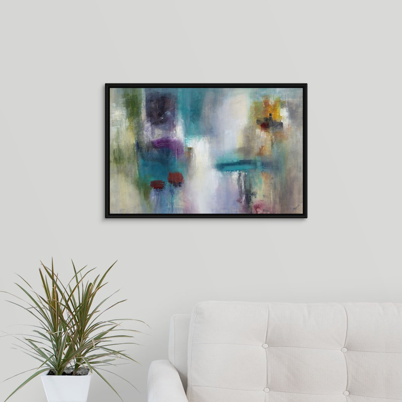 « turquoise rétablissement », peinture sur toile, Cadre flottant noir, H 17,7 po x l 25,7 po x P 1,75 po