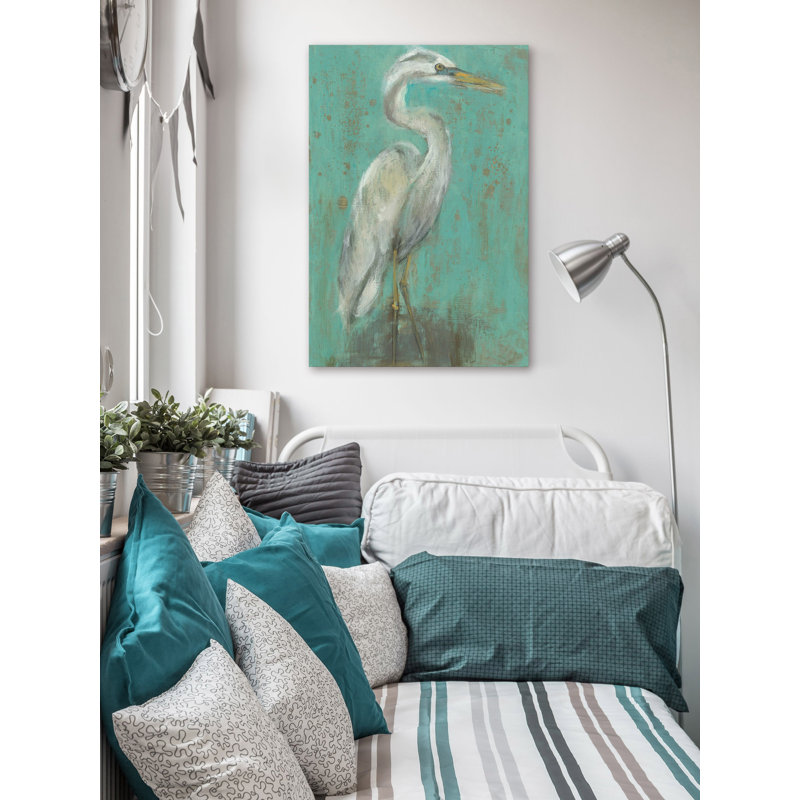 Seaspray Heron Turquoise Canvas Painting, 30" x 20"