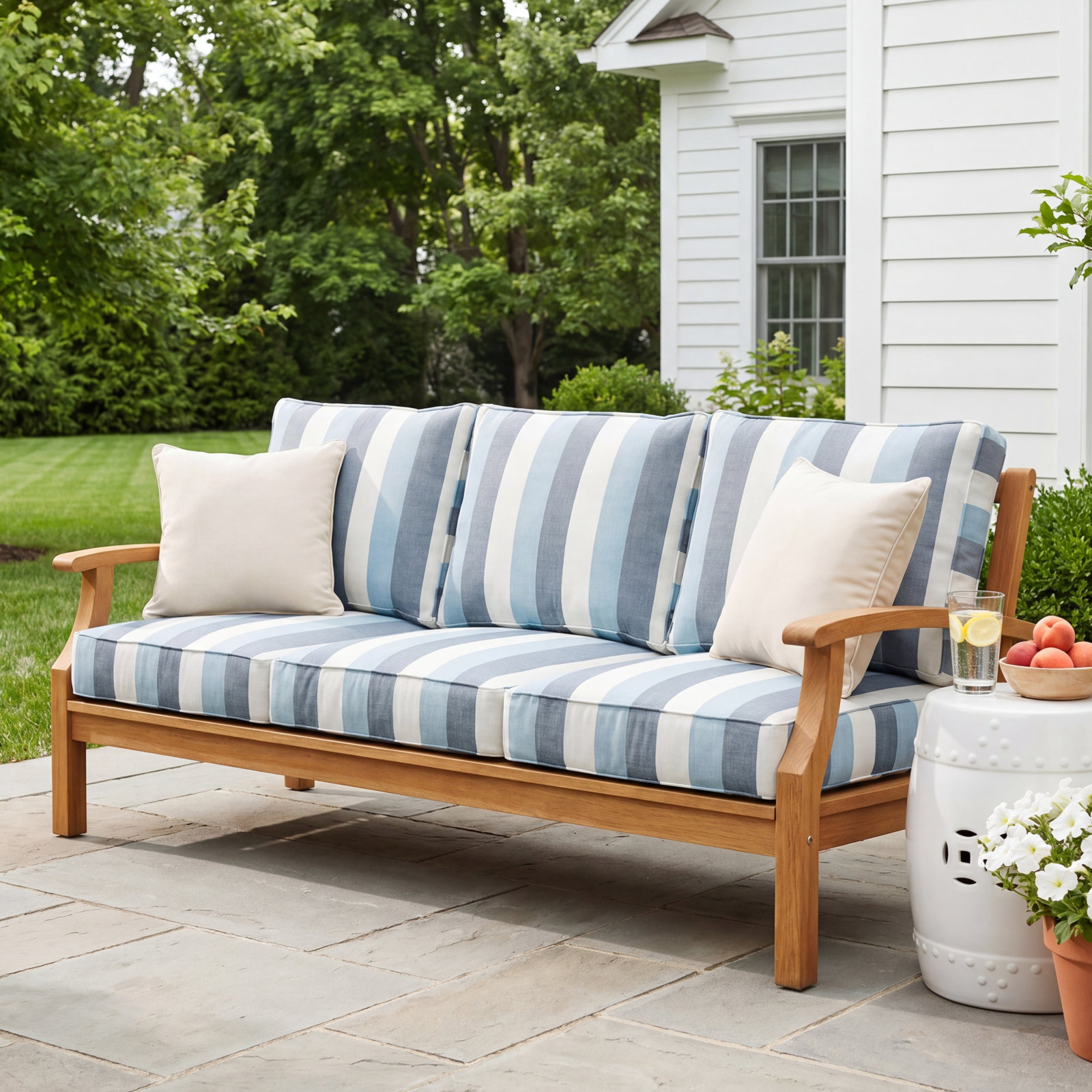 Striped Outdoor Sofa, Blue Stripe Sunbrella®, 27" W x 30" D