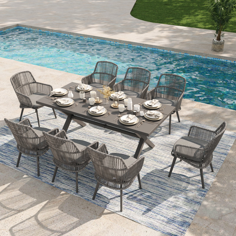 Rectangular Outdoor Dining Set With Cushions, Dark Gray/Dark Gray, 8