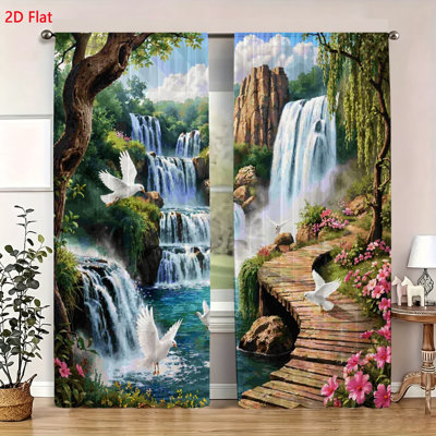 2 Piece Set Printed Window Curtains Beautiful Waterfall and Flying White Doves Landscape Design Soft Fabric Drape Panels for Living Room Bedroom Home Decor
