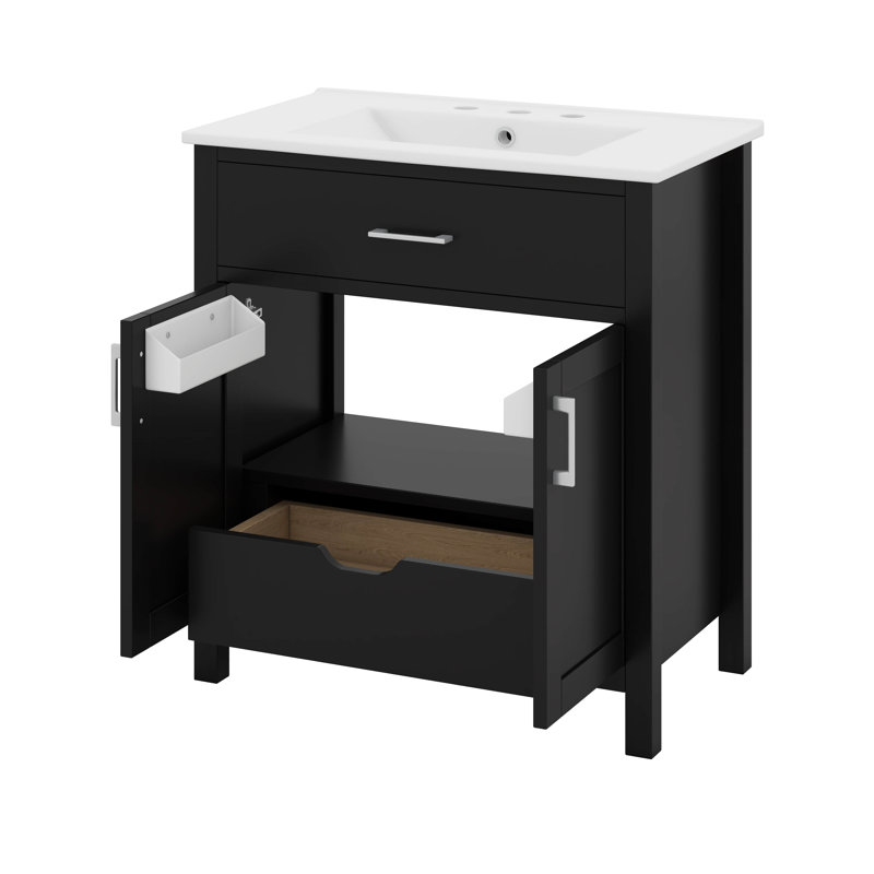 Meuble-lavabo de 30 pouces avec lavabo en céramique et beaucoup de rangement, Noir