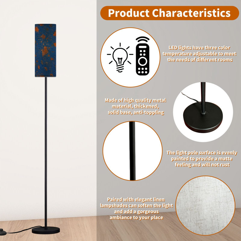  68.5" Standing Floor Lamp Navy blue rough Toned Old scratched damaged wall Dimmable Metal Pole Lamp with Linen Lampshade LED Bulb Included