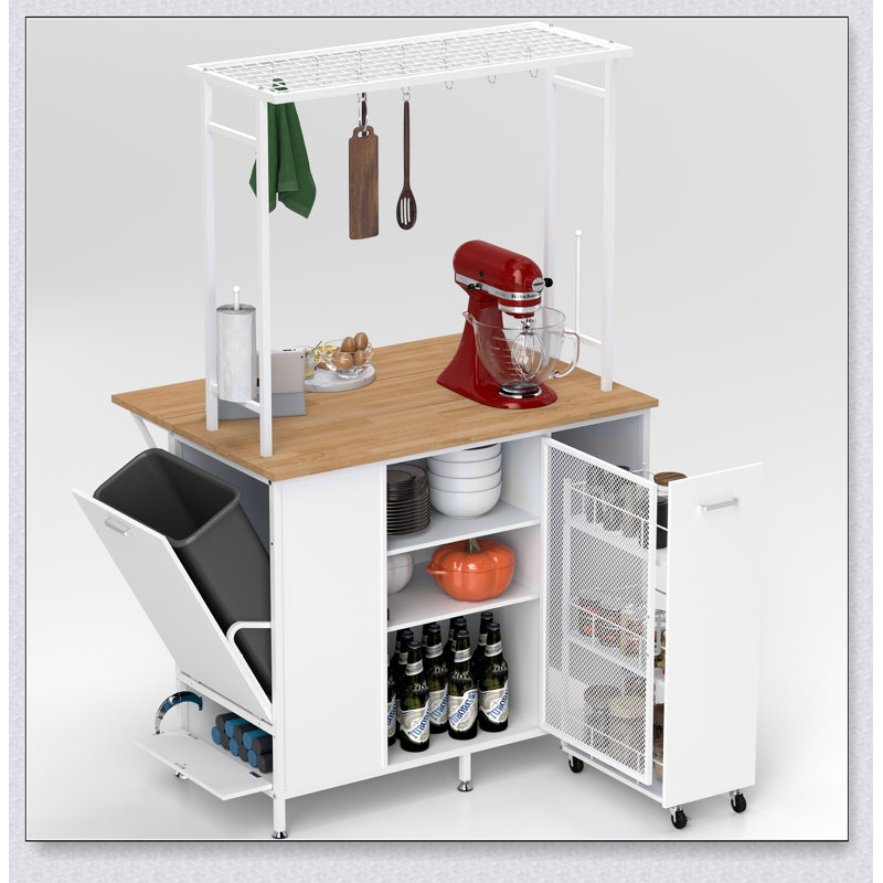 Îlot de cuisine polyvalent avec bar à déjeuner pliable, rangement spacieux et crochets pour les petites cuisines et les familles