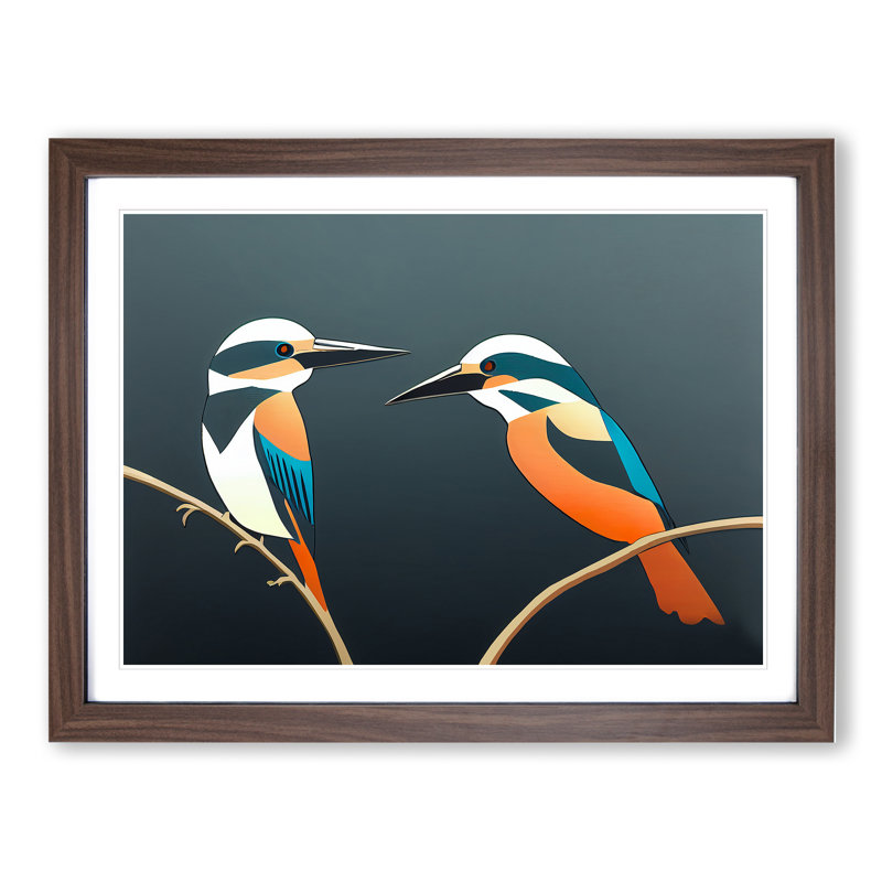Abstract Kingfisher Birds - Framed Print, 46cm H x 64cm W x 2cm D, Walnut