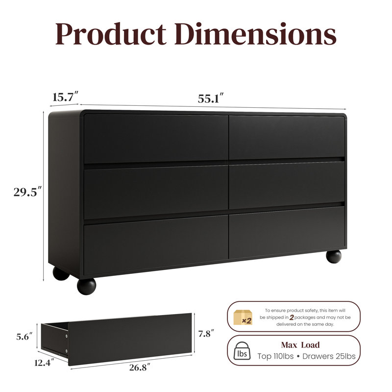 Commode 6 tiroirs, l 55,1 po, Noir