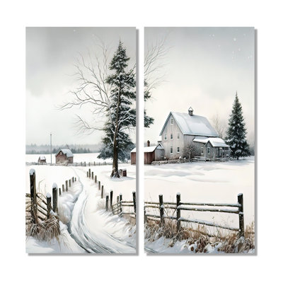 Nebraska Farm in Winter - Décoration murale traditionnelle brune 2 pièces