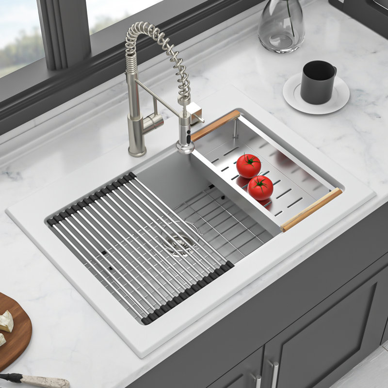 Évier de cuisine en quartz - Évier de cuisine encastré en granite blanc 30 x 22 po