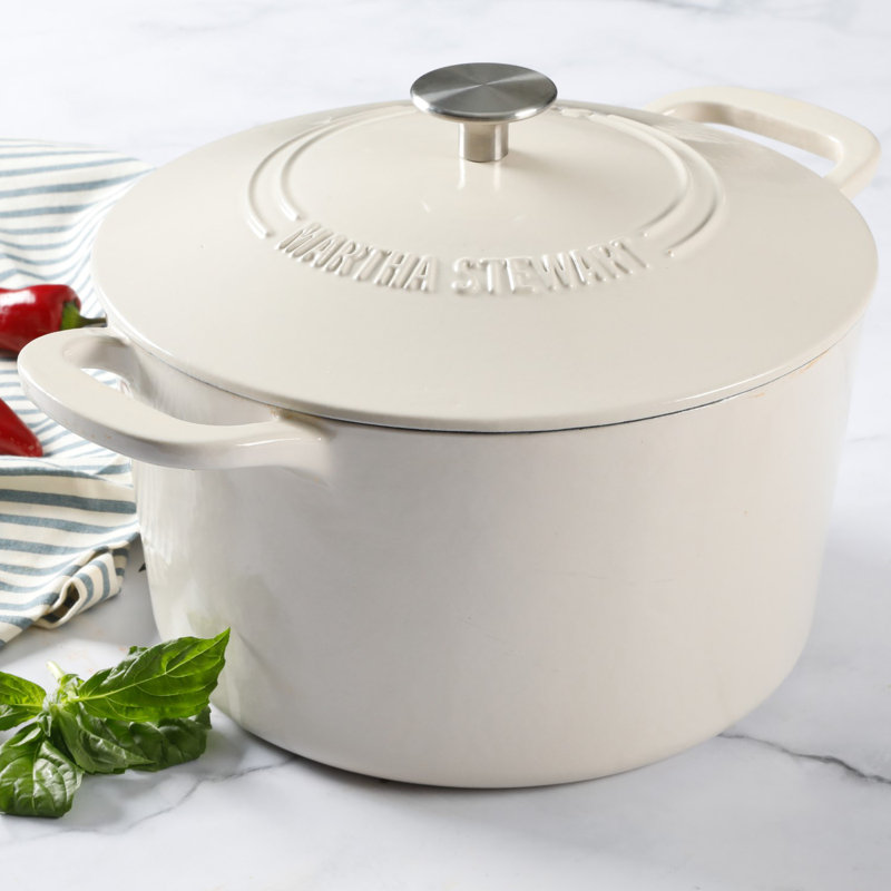 Martha Stewart Gatwick 7 Quarts qt. Non-Stick Enameled Cast Iron Round Dutch Oven, White/Beige