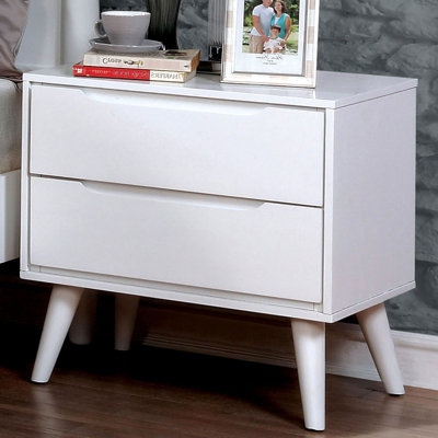 Table de chevet blanche Mid-Century moderne avec 2 tiroirs, en bois massif et table de chevet à pieds fuselés ronds, 2 poignées de tiroir encastrées, autres pieds