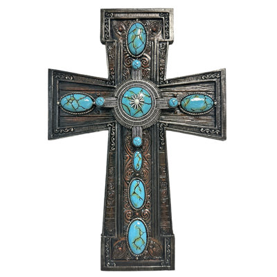 Polyresin Wood Frame Cross & Turquoise Oval Dot Stones Religious Hanging Wall Cross Décor