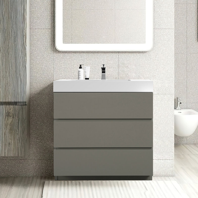 Meuble-lavabo sur pied simple 35,8 po avec plateau en résine Mcauthor, gris