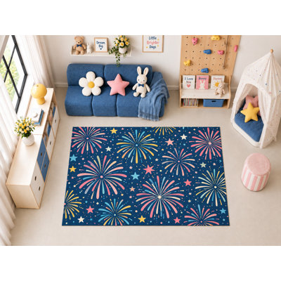 Tapis d'intérieur ultramince 152 x 213 cm (5' x 7') à motif de feux d'artifice et étoiles, idéal pour la chambre d'enfant, la garderie, la salle de classe et la salle de jeux. Doux et à poils courts, avec revêtement antidérapant en silicone.