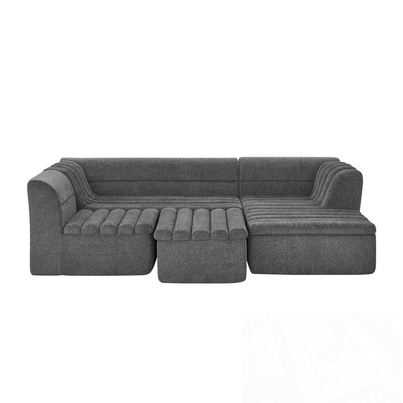 U-Shaped Modular Sectional Sofa with Wave-Shaped Armrest and Movable Ottoman, Dark Grey