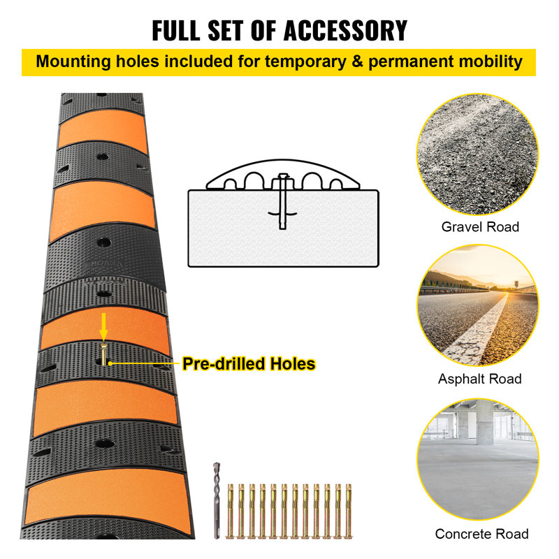 VEVOR Rubber Speed Bump, 2 Pack 2 Channel Speed Bump Hump, 72.8" Long Modular Speed Bump, Rated 22000 LBS Load Capacity