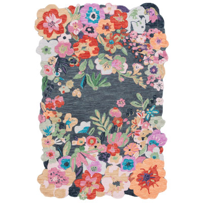 Floral rug wool/cotton hand tufted Garden in Gray/Pink