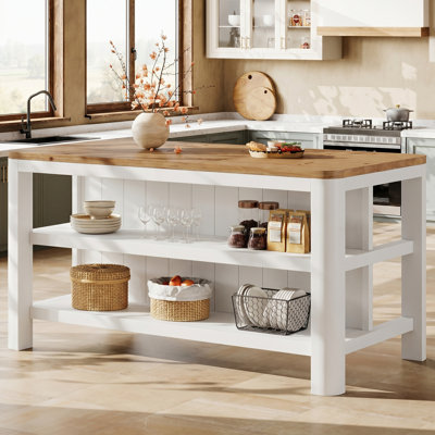 63-Inch Solid Wood Kitchen Island with Storage Shelves, Farmhouse Island Table Counter Height Bar Table for Kitchen, Dining Room