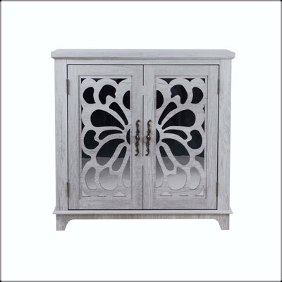 Buffet gris avec portes en miroir en acrylique et motifs découpés en papillon