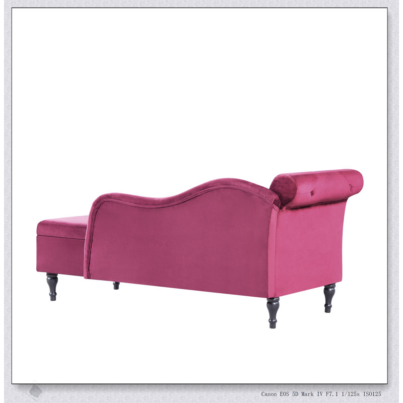 Luxueuse chaise longue en velours avec rangement, conception capitonnée et pieds en bois massif pour une utilisation polyvalente à la maison