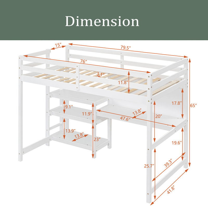 Lemond Kids Loft Bed, White, Twin