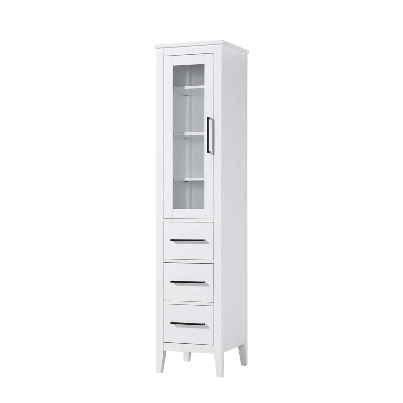 16 Inch Bath Storage Glass Cabinet in White, White, 72" H x 16" W x 72" D