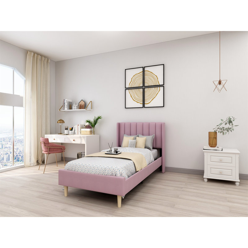 Lit plateforme tapissier avec tête de lit à oreilles Eriksay, Velours rose pâle, Simple