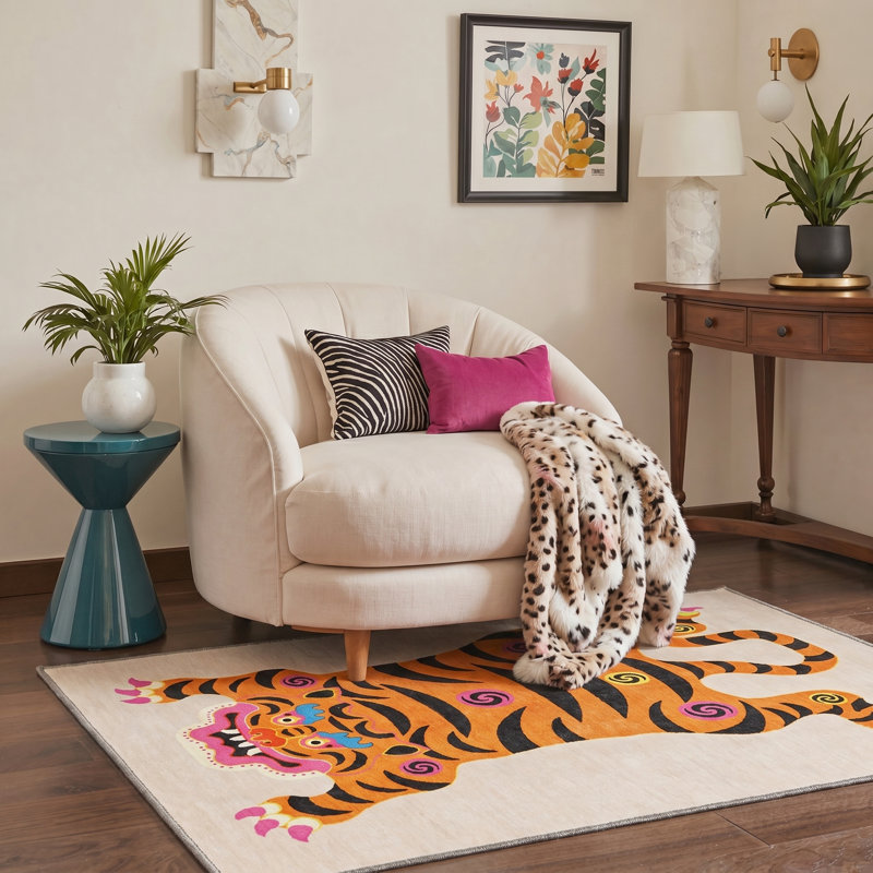 Verdant Animal Print Machine Washable Orange / Black / Beige Indoor Area Rug with Non-Slip Backing, Rectangle 8' x 10'