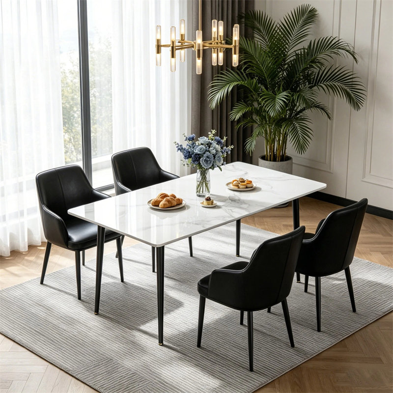 Annagh Stone Top Metal Base Dining Table, Gloss White, 30"H x 47.2" L x 27.5" W
