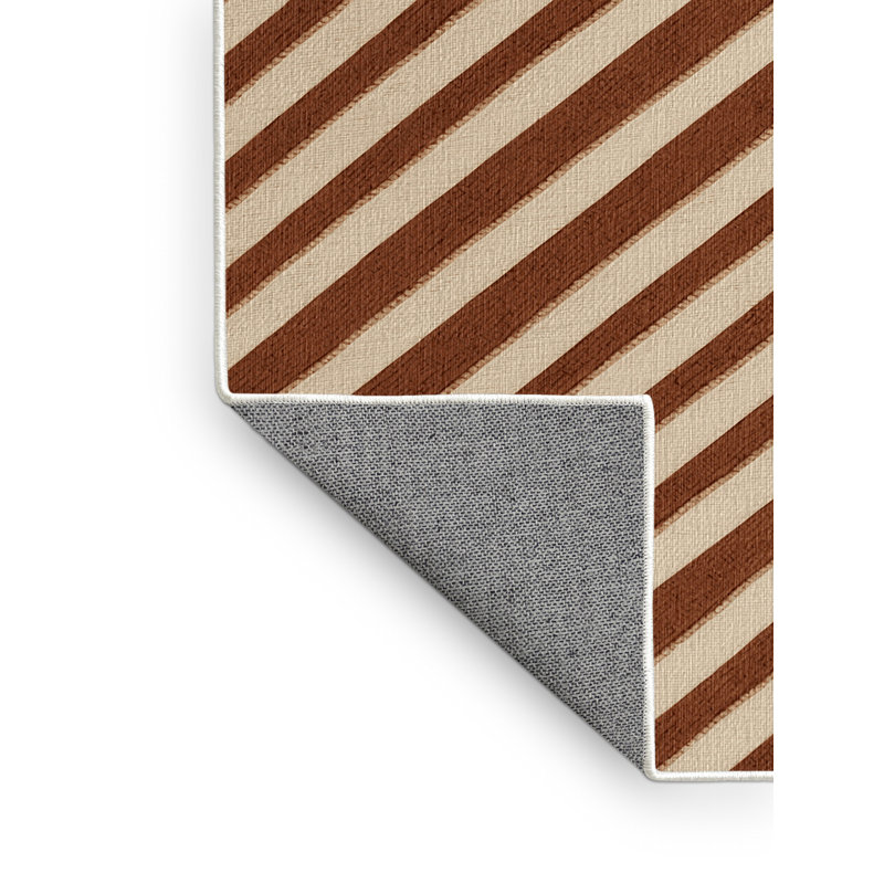 Washable Cinnamon Cream Striped Area Rug, Rectangle 2' x 3'
