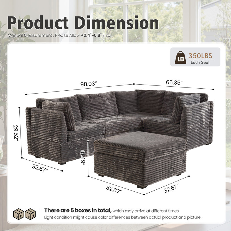 5-Piece Upholstered Corduroy Sectional, Gray Corduroy